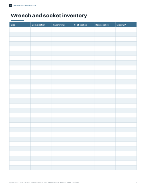 Preview of Printable Wrench Size Inventory Sheet
